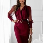 Kadın Uzun Kollu Kruvaze Yakalı Belden Kemerli Mini Ithal Krep Elbise