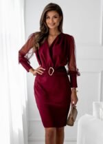 Kadın Uzun Kollu Kruvaze Yakalı Belden Kemerli Mini Ithal Krep Elbise