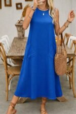 Kadın Askılı Yuvarlak Yakalı Kıloş Cepli Uzun Elbise - Görsel 2