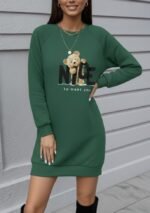 Kadın Uzun Kollu Bisiklet Yaka Ayı Desenli Viskon Iki Iplik Elbise