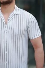 Erkek Kısa Kollu Gri çizgi Desenli örme Kumaş Pamuklu Gömlek - Görsel 3