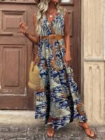 Kadın Askılı Kruvaze Yakalı Uzun Desenli Kemersiz Süprem Elbise - Görsel 2