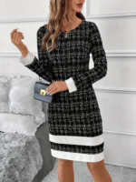 Kadın Uzun Kollu Yuvarlak Yaka Etek Ucu şerit Detaylı Kısa Dokuma Elbise - Görsel 5