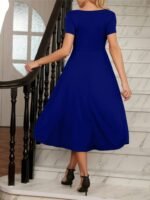 Kadın Kısa Kollu V Yakalı önden Pileli Midi Janjan Krep Elbise - Görsel 5