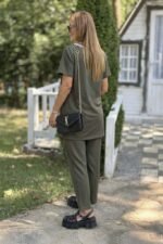 Kadın Kısa Kollu V Yakalı Iki Iplik Bluz Ve Pantolon Ikili Takım - Görsel 3