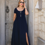 Kadın Kısa Kollu Yuvarlak Yaka önden Yırtmaçlı Cepli Viskon Uzun Elbise