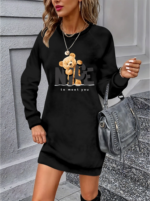 Kadın Uzun Kollu Bisiklet Yaka Ayı Desenli Viskon Iki Iplik Elbise - Görsel 3