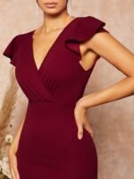 Kadın Kısa Kelebek Kollu Kruvaze Yaka Ithal Krep Midi Elbise - Görsel 5