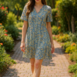 Yeşil Desenli Saten Elbise