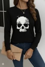 Kadın Uzun Kollu Bisiklet Yaka Kurukafa Desenli Viskon Bluz - Görsel 3