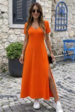 Kadın Kısa Kollu V Yakalı Maksi Boy Viskon Elbise - Görsel 3