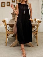 Kadın Askılı Yuvarlak Yakalı Kıloş Cepli Uzun Elbise - Görsel 4