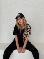 Kadın Bisiklet Yaka Kısa Kol Leopar Desen Bluz Ve Pantolon Ikili Takım - Görsel 3