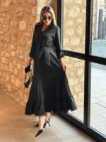 Kadın Uzun Kollu Eteği Fırfırlı Beli Kuşaklı Trikoton Tam Boy Gömlek Elbise - Görsel 7