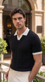 Erkek Örgü Desen Yakalı Kısa Kollu Triko Tişört - %100 Pamuk Akrilik - Görsel 2