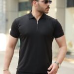 Erkek Deri Panel Detaylı Fermuar Yakalı Kısa Kollu Tişört