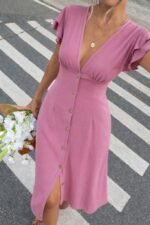 Kadın Kısa Kollu V Yakalı önden Düğmeli Bürümcük Midi Elbise - Görsel 2