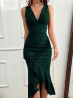 Kadın Askılı V Yakalı önden Fırfırlı Uzun Ithal Krep Elbise - Görsel 3