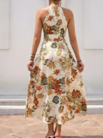 Kadın Omuzlardan Açık Halter Yakalı Yırtmaçlı çiçek Desenli Süprem Elbise - Görsel 5