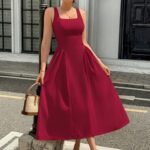 Kadın Askılı Kare Yakalı Uzun Ithal Krep Elbise