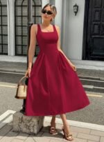 Kadın Askılı Kare Yakalı Uzun Ithal Krep Elbise