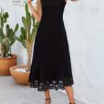 Kadın Kolsuz Etek Ucu Lazer Kesim çiçek Desenli Midi Boy Janjan Krep Elbise