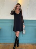 Kadın Uzun Kollu V Yaka Kollar Tül Yırtmaç Detay Kol Manşetleri Ve Yaka Payet Krep Elbise - Görsel 11