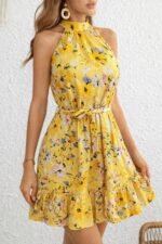 Kadın Omuzlardan Açık Balıkçı Yakalı Kuşaklı Desenli Kısa Süprem Elbise - Görsel 5