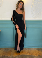 Tek Omuz Açık Derin Yırtmaçlı Krep Tam Boy Elbise - Görsel 11