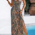 Kadın Ip Askılı Arkadan çapraz Kesim Detaylı Uzun Desenli Süprem Elbise