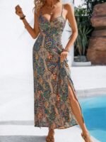 Kadın Ip Askılı Arkadan çapraz Kesim Detaylı Uzun Desenli Süprem Elbise