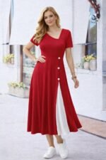 Kadın Kısa Kollu Asimetrik Yakalı Düğme Detaylı Midi Viskon Elbise - Görsel 2