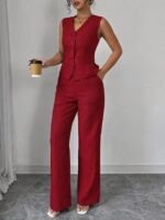 Kadın Askılı önden Düğmeli Bluz Ve Pantolon Keten Ikili Takım - Görsel 2