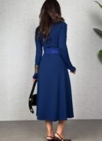 Kadın Uzun Kollu Yakalı Belden Deri Detaylı Kuşaklı Yırtmaçlı Midi Viskon Iki Iplik Elbise - Görsel 2