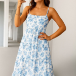 Kadın Sıfır Kol Askılı Dekolteli Yırtmaç Detay çiçek Baskılı Süprem Midi Elbise