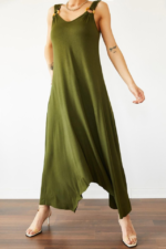 Kadın çan Dokuma Kumaş V Yaka Asimetrik Kesim Elbise - Görsel 2