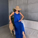 Kadın çan Dokuma Kumaş V Yaka Asimetrik Kesim Elbise