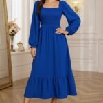 Kadın Uzun Kollu Kare Yakalı Gipeli Uzun Trikoton Elbise