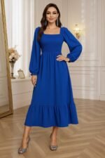 Kadın Uzun Kollu Kare Yakalı Gipeli Uzun Trikoton Elbise