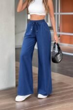 Kadın Yüksek Bel Lastikli Bağcıklı Kot Pantolon - Görsel 4