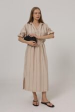 Beli Lastikli Elbise - Taş - Görsel 3