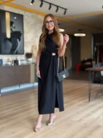 Kadın Sıfır Kollu Bisiklet Yaka Belden Büzgülü Yırtmaç Detaylı Janjan Krep Elbise - Görsel 6