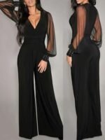 Kadın Uzun Kollu Kruvaze Yakalı Kolları Tüllü Viskon Tulum - Görsel 3