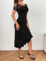 Kadın Kısa Kollu Yakası Açık Dantel Detaylı Fırfırlı Asimetrik Janjan Krep Elbise - Görsel 3