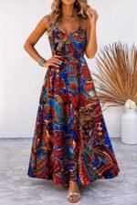 Kadın Askılı V Yakalı Desenli Uzun Süprem Elbise - Görsel 2