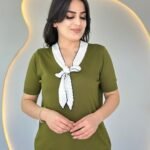 Kadın Kısa Kollu V Yaka Fular Detay Merserize Triko Bbluz