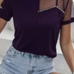 Kadın Kısa Kollu Tül Detaylı Taşlı Janjan Krep Bluz