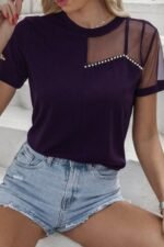 Kadın Kısa Kollu Tül Detaylı Taşlı Janjan Krep Bluz