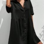 Kadın Kısa Kollu Yakalı önden Düğmeli Kısa Bürümcük Elbise