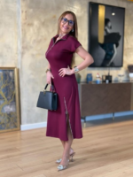 Kadın Kısa Kollu Yakadan Ve Etekten Fermuarlı Midi Viskon Iki Iplik Elbise - Görsel 2